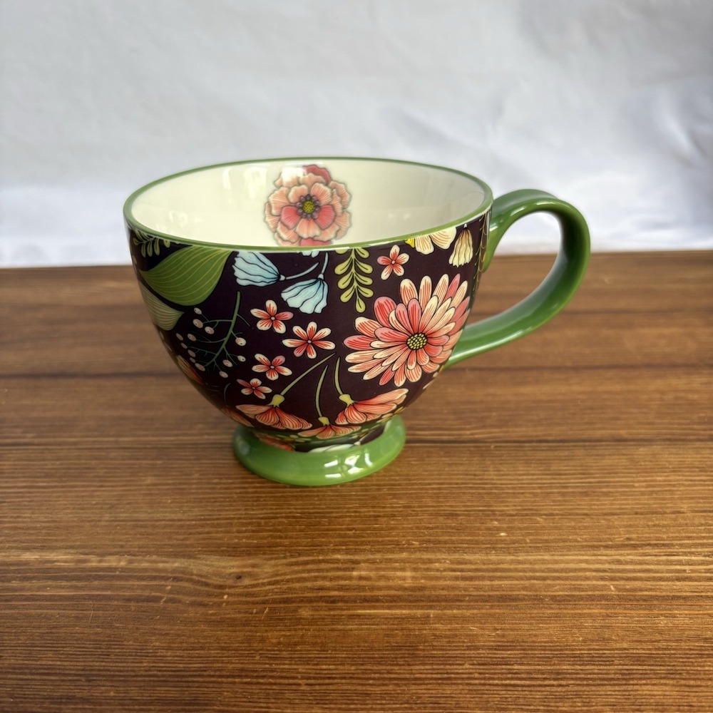 Grace Teaware Large Floral Tea Cup Footed Mug Green Handle Garden Flowers